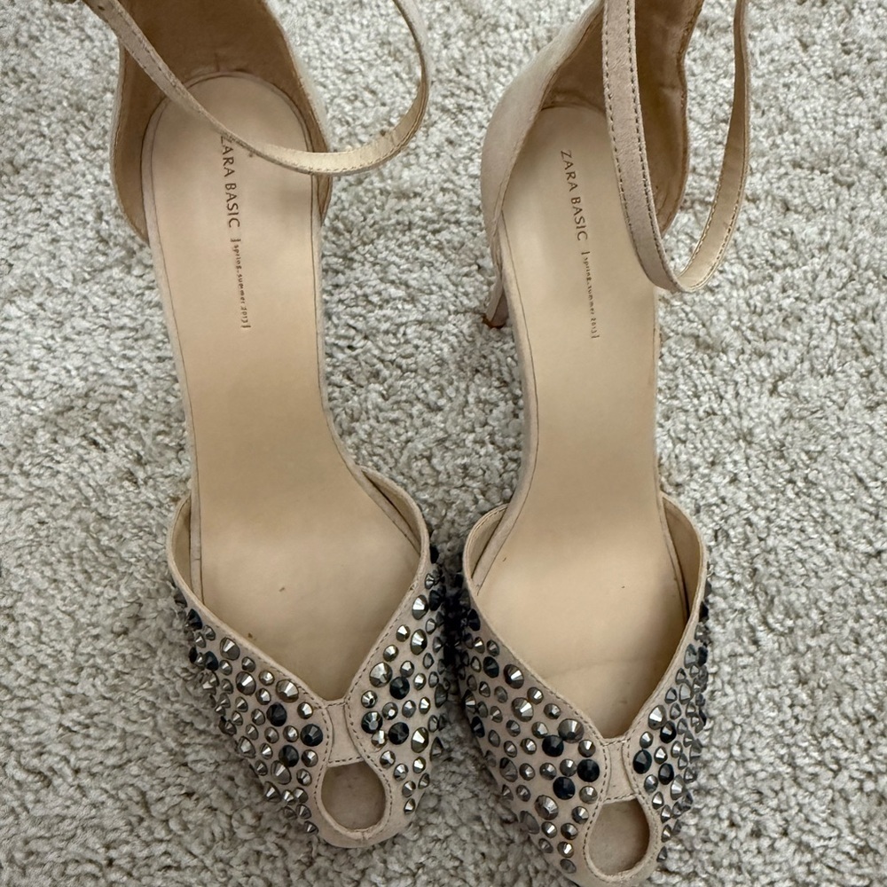 Zara Nude Studded Peep-Toe Heels - Picture 2 of 8